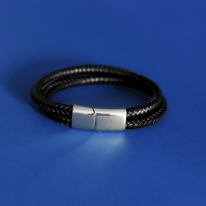 ACUIR genuine leather braided bracelet in black with stainless steel clasp for men - Alogan